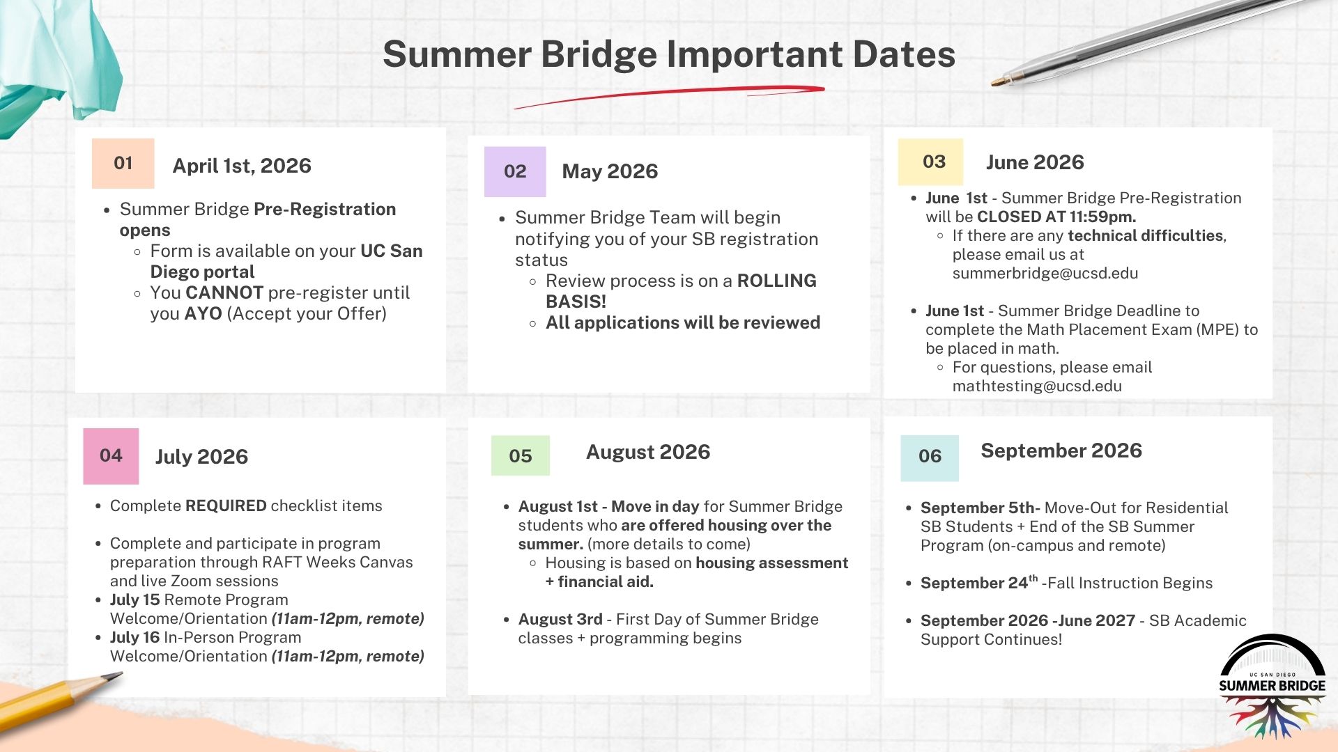Summer Bridge Imporant Dates