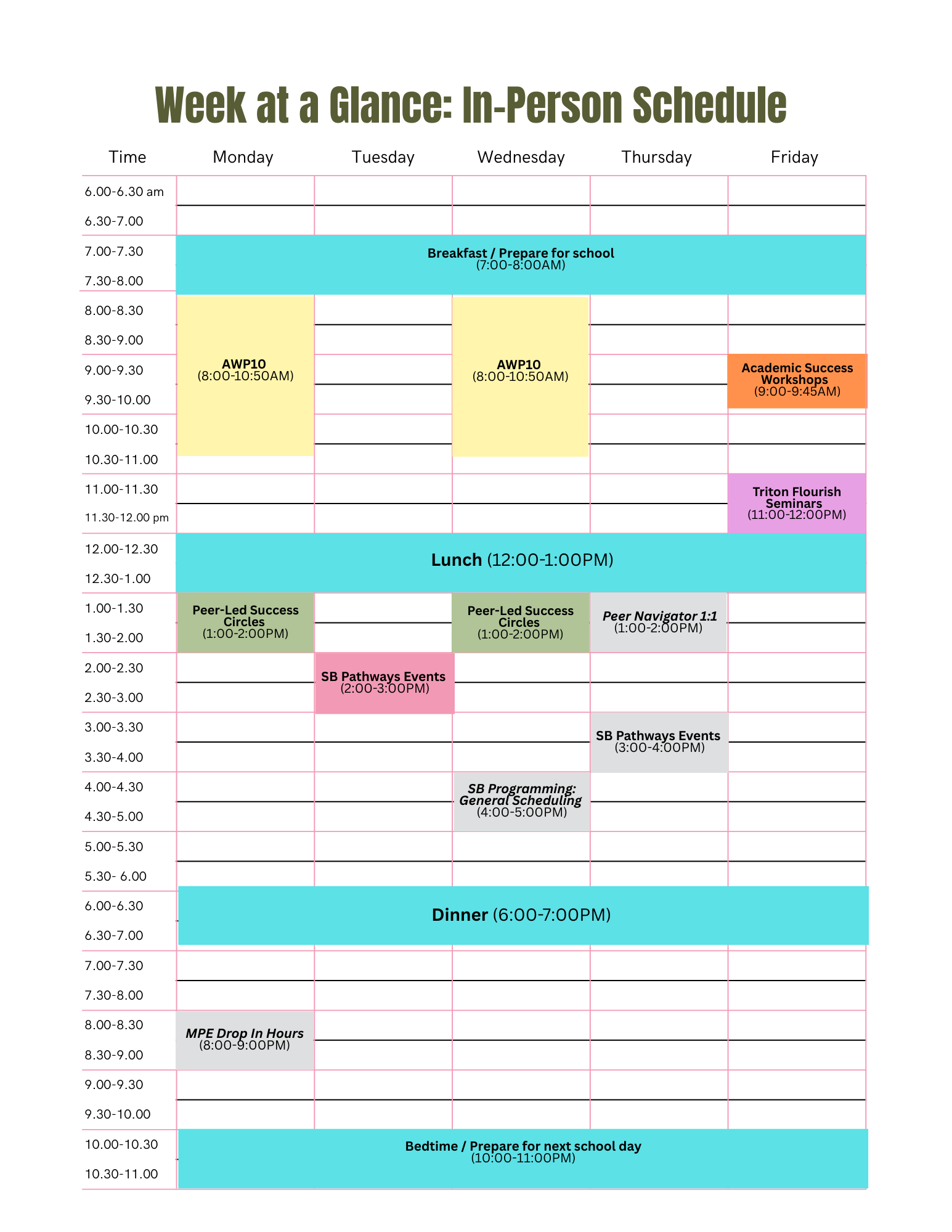 Week at a Glance: In-Person Schedule 